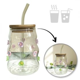   Hullámos falú, virágos pohár 450 ml, szívószállal és fedővel SZK164