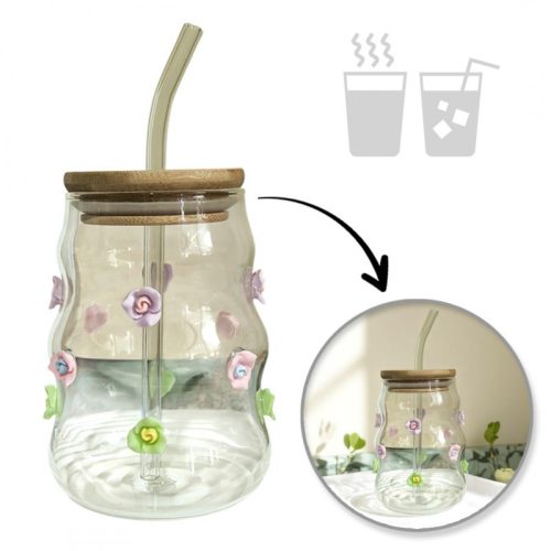 Hullámos falú, virágos pohár 450 ml, szívószállal és fedővel SZK164