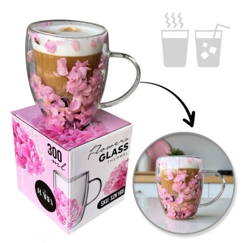 Hőpohár virágokkal, fátyolvirággal, hortenziával, rózsákkal, 300 ml, 1 db. SZK165