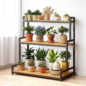   Virágtartó, polc, 3-szintes virágtartó, 80 x 40 x 95 cm, fekete SZ46CZ