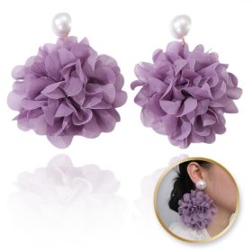   Függő fülbevaló, látványos tüll virág gyönggyel, lila bedugó K1709