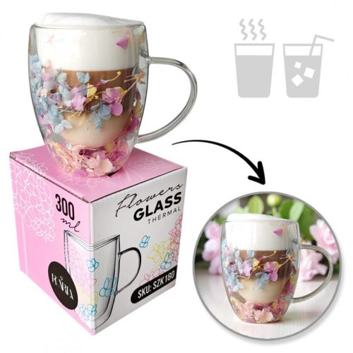 Virágokkal teli termoszüveg, fátyolvirág, hortenzia, rózsa, 300 ml, 1 db. SZK180