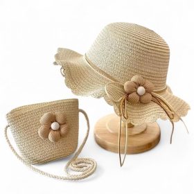 Lányka kézitáska és sapka szett 52cm, szalma VIRÁG CZ55