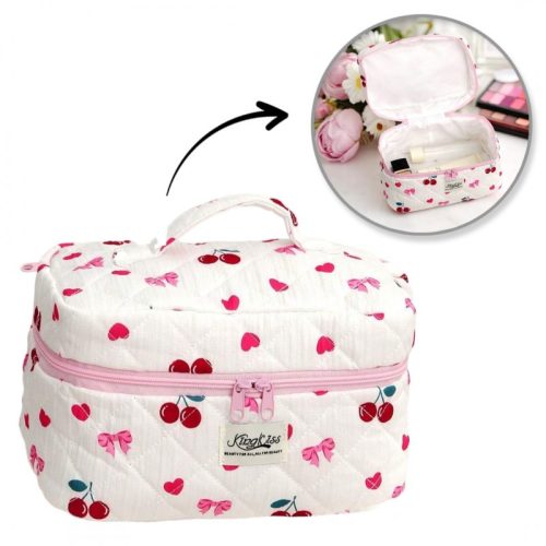 Női kozmetikai táska, steppelt, cseresznye színű, masnikkal, 16 x 16 x 25 cm KS150