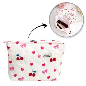   Női steppelt kozmetikai táska, cseresznye, masni, 26 x 7 x 18 cm KS151
