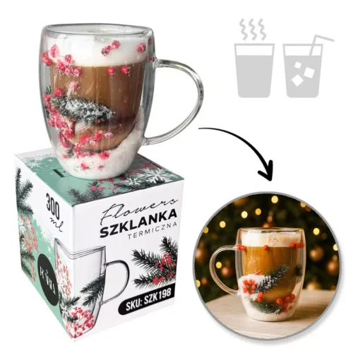 Hőpohár virágokkal belül, karácsonyi díszítésekkel, hóval 300 ml 1 db SZK198