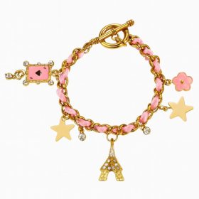   Körbetekerhető karkötő, rózsaszín szíj, arany, medálokkal B123R