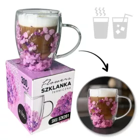   Virágokkal teli termoszpohár, fátyolvirág, hortenzia, lila, rózsaszín, 300 ml, 1 db. SZK201