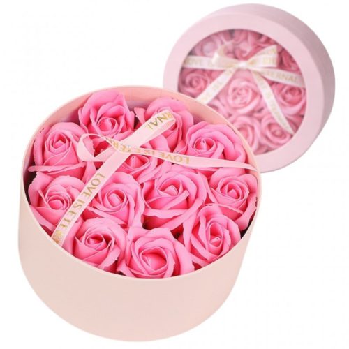 Illatos művirág csokor díszdobozban, rózsaszín rózsák BUK26R
