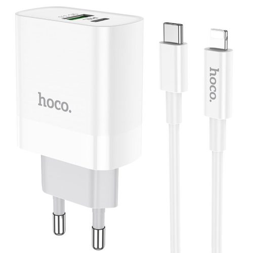 HOCO C80A USB hálózati töltő, 1 X USB - 1 X USB Type-C, 20 W, Gyors töltés - tápellátás, fehér