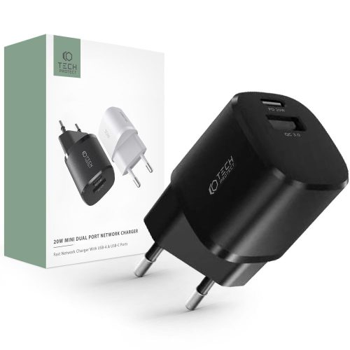 Hálózati töltő TECH-PROTECT C20W Mini, USB/USB-C, Quick Charge 3.0, tápellátás 20W, fekete