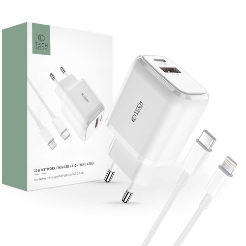 Hálózati töltő TECH-PROTECT C20W, USB/USB-C, Quick Charge 3.0, Tápellátás 20W, Lightning kábel mellékelve, Fehér