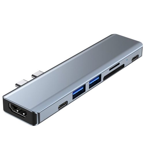 Tech-Protect V5 HUB adapter, 7 az 1-ben, Alumínium, Dual USB Type-C / 2x USB Type-C, 2x USB 3.0, 1x HDMI, 1x MicroSD, 1x SD, szürke