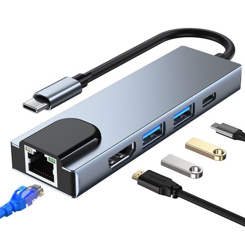 Tech-Protect V3 HUB adapter, 5 az 1-ben, alumínium, 2x USB 3.0, 1x USB-C, 1x HDMI, 1x RJ45, szürke