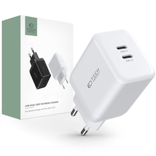 Hálózati töltő TECH-PROTECT C35W, 2x USB-C, tápellátás 35W, fehér