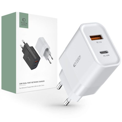 Hálózati töltő TECH-PROTECT C30W, USB/USB-C, Quick Charge 3.0, tápellátás 30W, fehér