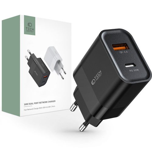 Hálózati töltő TECH-PROTECT C30W, USB/USB-C, Quick Charge 3.0, Power Delivery 30W, Fekete