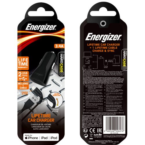 Energizer HardCase - autós töltő 2x USB-A 17W 3.4A + MFi certified Lightning cable fekete