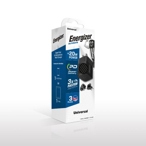 Energizer Ultimate - Multiplug EU / UK / US GaN 20W PD hálózati töltő, gyorstöltés fekete
