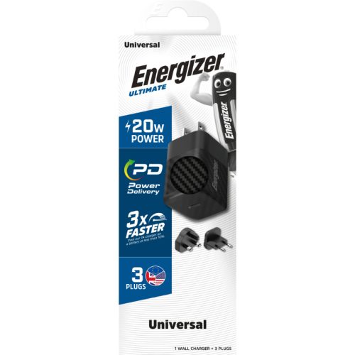 Energizer Ultimate - Multiplug EU / UK / US GaN 20W PD hálózati töltő, gyorstöltés fekete