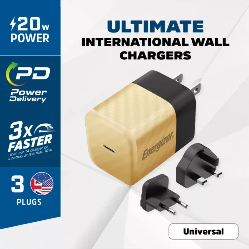 Energizer Ultimate - Multiplug EU / UK / US GaN 20W PD hálózati töltő, gyorstöltés arany