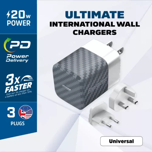 Energizer Ultimate - Multiplug EU / UK / US GaN 20W PD hálózati töltő, gyorstöltés ezüst