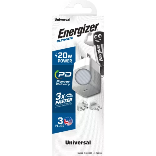 Energizer Ultimate - Multiplug EU / UK / US GaN 20W PD hálózati töltő, gyorstöltés ezüst