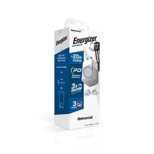 Energizer Ultimate - Multiplug EU / UK / US GaN 20W PD hálózati töltő, gyorstöltés ezüst