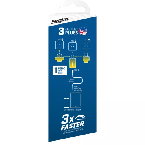 Energizer Ultimate - Multiplug EU / UK / US GaN 20W PD hálózati töltő, gyorstöltés ezüst