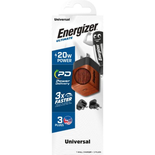 Energizer Ultimate - Multiplug EU / UK / US GaN 20W PD hálózati töltő, gyorstöltés (Walnut burl)