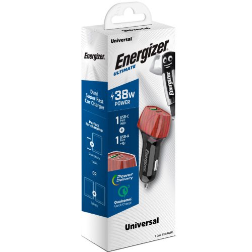 Energizer Ultimate - USB-C & USB-A 38W PD + QC3.0 autós töltő (WALNUT)