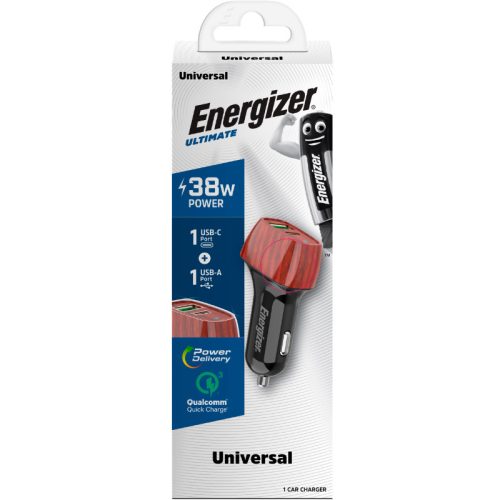 Energizer Ultimate - USB-C & USB-A 38W PD + QC3.0 autós töltő (WALNUT)