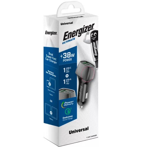 Energizer Ultimate - USB-C & USB-A 38W PD + QC3.0 autós töltő fekete
