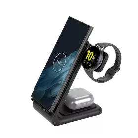   Crong PowerSpot Pivot Stand - 3-in-1 vezeték nélküli tőltő Samsung & Android, Galaxy Watch and TWS headphones fekete