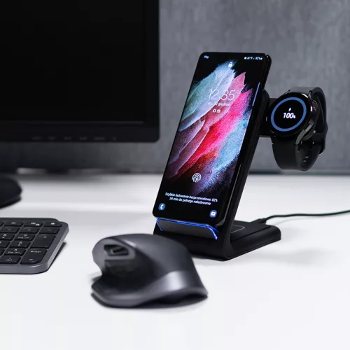 Crong PowerSpot Pivot Stand - 3-in-1 vezeték nélküli tőltő Samsung & Android, Galaxy Watch and TWS headphones fekete