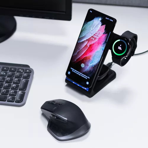 Crong PowerSpot Pivot Stand - 3-in-1 vezeték nélküli tőltő Samsung & Android, Galaxy Watch and TWS headphones fekete
