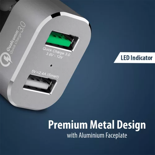Crong Power autós töltő 30W 2-Port USB with QC 3.0 (aluminium)