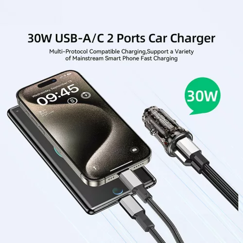 WEKOME WP-C41 Vanguard Series - USB-C & USB-A Fast Charging 30W autós töltő (fekete / Transparent)