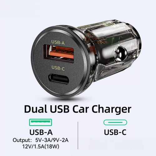 WEKOME WP-C41 Vanguard Series - USB-C & USB-A Fast Charging 30W autós töltő (fekete / Transparent)