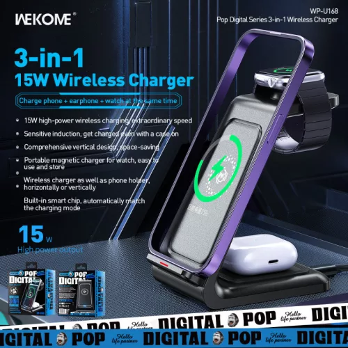 WEKOME WP-U168 Pop Digital Series - 3-in-1 vezeték nélküli tőltő iPhone, AirPods and Apple Watch fekete
