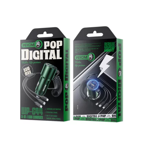 WEKOME WP-C44 Pop Digital Series - autós töltő  integrated 3-in-1 USB-C / Lightning / Micro USB + 2x USB-A 33W cable fekete