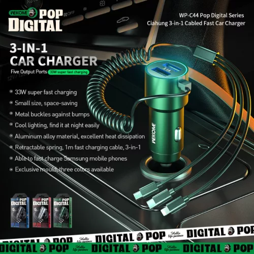 WEKOME WP-C44 Pop Digital Series - autós töltő  integrated 3-in-1 USB-C / Lightning / Micro USB + 2x USB-A 33W cable fekete
