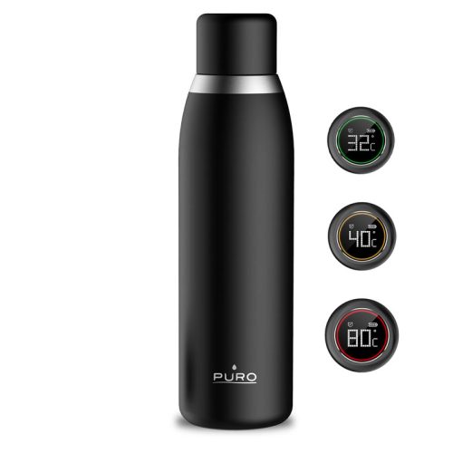 PURO Smart Bottle – 500 ml-es INOX termopalack intelligens LED kupakkal (fekete)