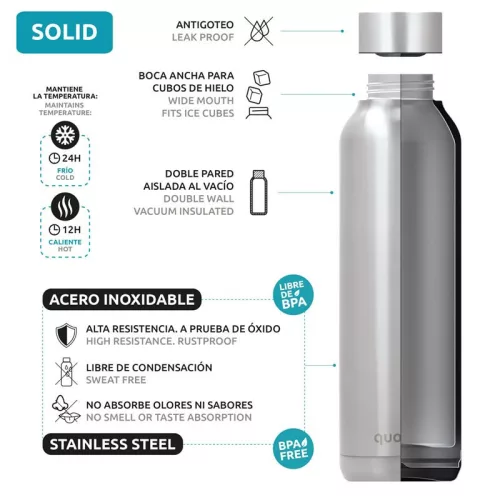 Quokka Solid - Rozsdamentes acél duplafalú vákuumszigetelt vizes palack, hordozható termosz 510 ml (Jet Black)