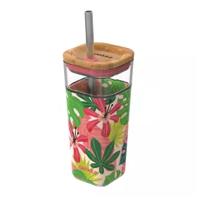   Quokka Liquid Cube - Üveg szalmapohár szilikon borítással 540 ml (Pink Jungle)