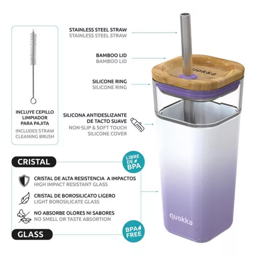 Quokka Liquid Cube - Üveg szalmapohár szilikon borítással 540 ml (lila gradiens)