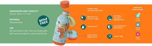 Quokka Solid Kids pánttal - Rozsdamentes acél duplafalú vákuumszigetelt vizes palack, hordozható termosz 330 ml (Zebrák)