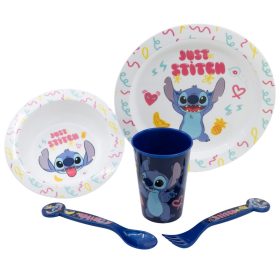   Disney Stitch - 5 darabos, mikrohullámú sütőben használható tálkészlet a Palms kollekcióból (tányér, tál, bögre, villa, teáskanál)