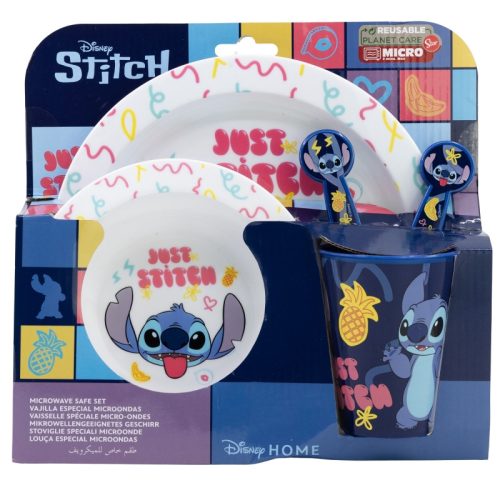Disney Stitch - 5 darabos, mikrohullámú sütőben használható tálkészlet a Palms kollekcióból (tányér, tál, bögre, villa, teáskanál)