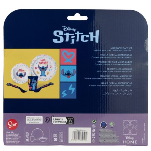 Disney Stitch - 5 darabos, mikrohullámú sütőben használható tálkészlet a Palms kollekcióból (tányér, tál, bögre, villa, teáskanál)